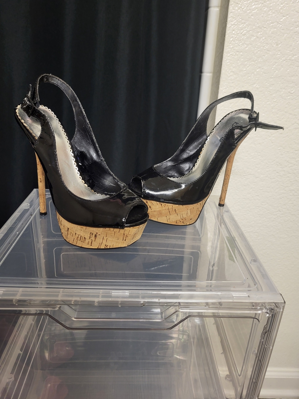 bebe Black Patent Peep-Toe Cork Platform Slingbacks